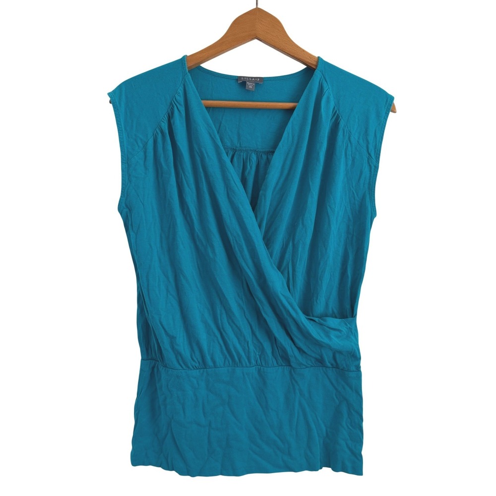 Lilla P Women's Teal Blue Faux Wrap V-Neck Sleeveless Blouson Top Size XS
